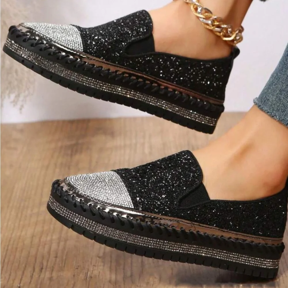 European And American Style Simple Slip-on Loafers With Sparkly Rhinestone